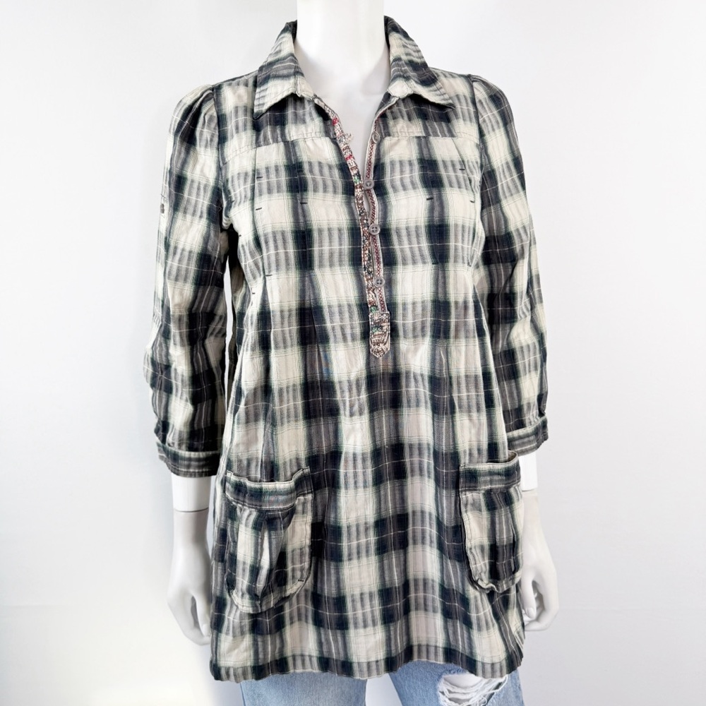 People Plaid Tunic Shirt Size 6 Half Sleeve Collared Neck Cowgirl Western